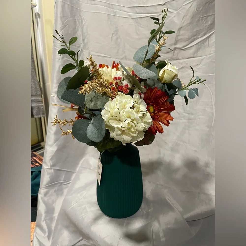 Vibrant Handmade Floral Arrangement in Green Vase